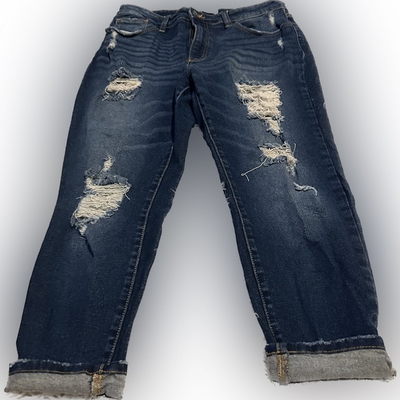 KanCan Distressed Straight Leg Jeans - Dark Blue - Picture 1 of 7